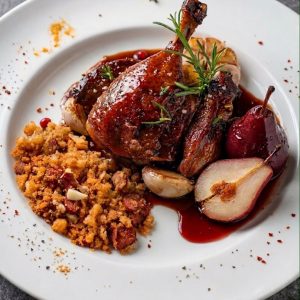 Confit de pato con peras al vino y migas de pastor