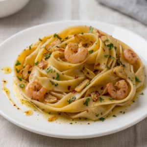 Pasta fresca con gambas al ajillo
